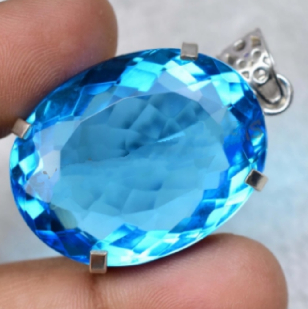Blue Tourmaline Gemstone 925 Sterling Silver Handmade Pendant Necklace - Picture 6 of 7